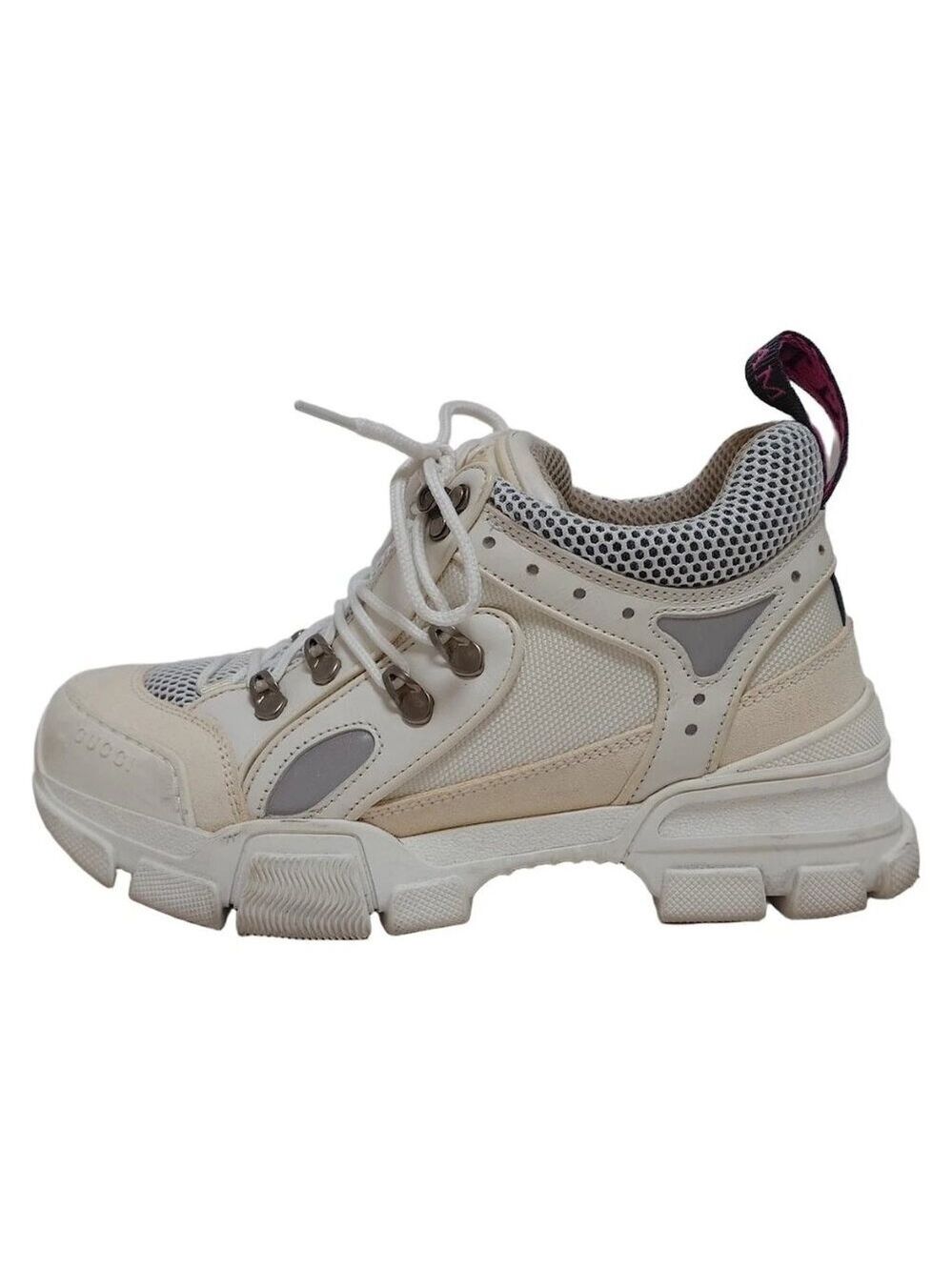 GUCCI - White Gray Chemical Fiber Leather Suede Women's Sneakers 179-053125